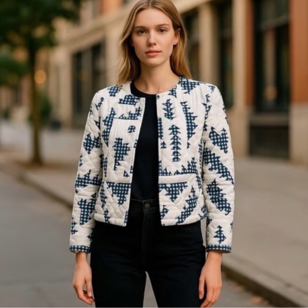 Caroline Constas Small Blue White Quilted Lined Linen Blend Jacket
